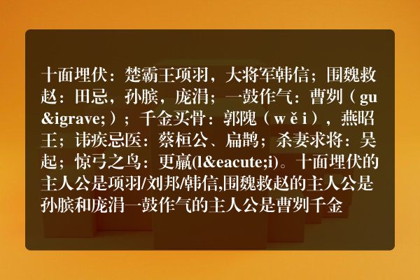 十面埋伏的主人公是谁？围魏救赵的主人公是谁，一鼓作气，千金买骨，讳疾忌医，杀妻求？