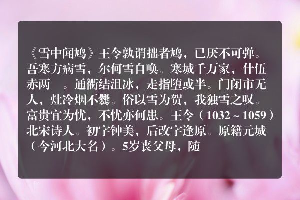 《雪中闻鸠》雪中闻鸠古诗_雪中闻鸠王令原文、翻译、赏析和诗意